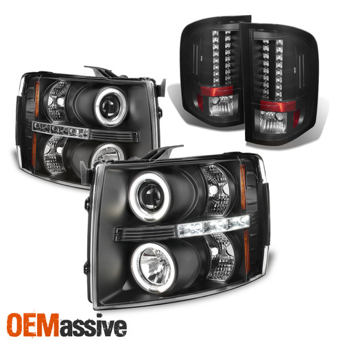 For 07-13 Chevy Silverado Black Halo Projector Headlights + Tail Lights LED Set