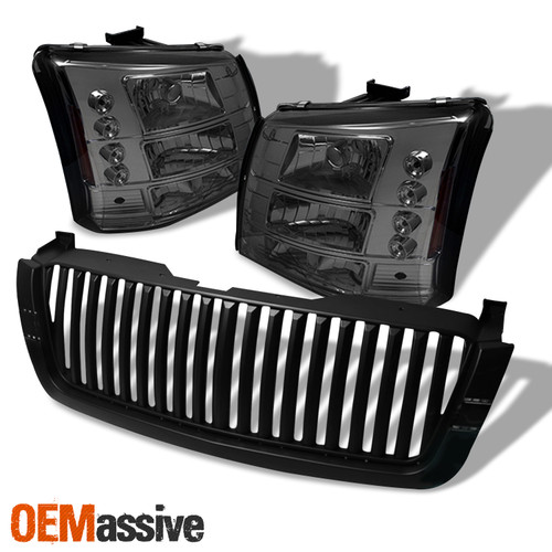 Fits 03-06 Silverado 1pc Amber Smoked Headlights+Signal Light+Black Grille Mask