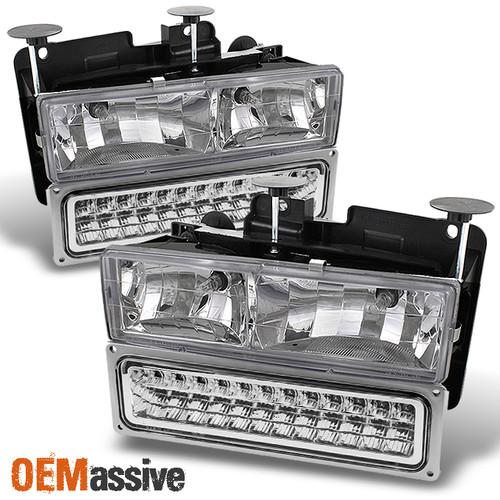 Fits 88-98 Chevy GMC C/K Pickup Suburban Tahoe Glass Headlights+LED Bumper Lamps