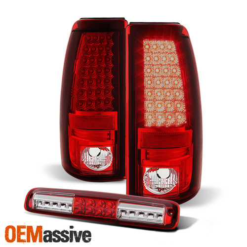 Fits 1999-2002 Silverado Red Clear LED Tail Lights+LED 3rd Brake Light Pair Set