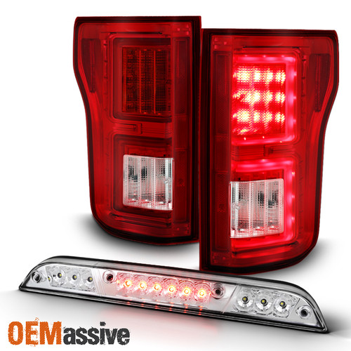 Fits 2015-2017 Ford F150 Red LED Tube Tail Lights + Chrome LED 3Rd Brake Light