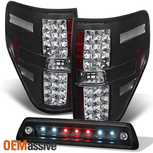 Fits 2009-2014 Ford F150 F-150 Black LED Tail Lights + SMD LED 3rd Brake Lamp