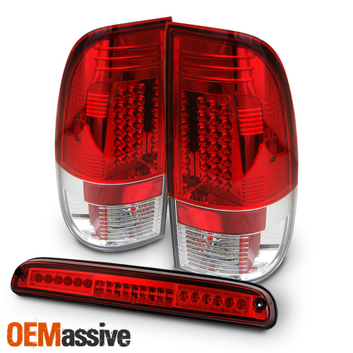 Fits 99-07 F250/350/450/550 SD Red Clear LED Tail Lights +Red LED 3rd Brake Lamp