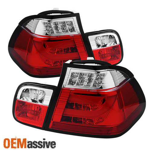 Fits 02-05 E46 3-Series 4D Sedan 330 M3 LED Red Clear Tail Lights W/LED Bar/Tube
