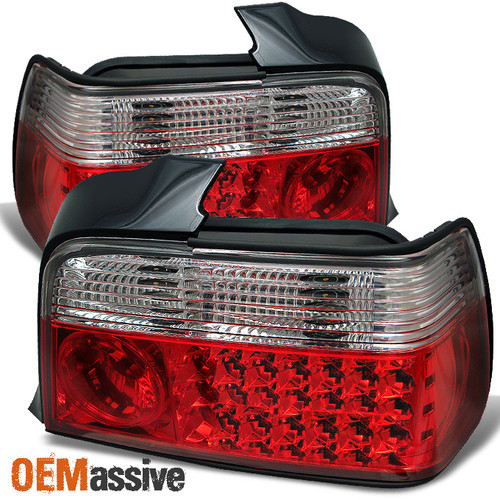 Fits 92-98 E36 3-Series 4Dr Sedan JDM Red Clear LED Tail Lights Lamps Left+Right