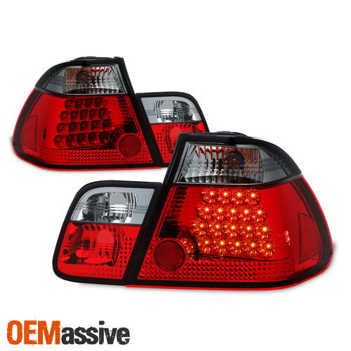 Fits 2002-2005 E46 3-Series 4Dr Sedan Red Smoked LED Tail Lights W/Trunk Piece