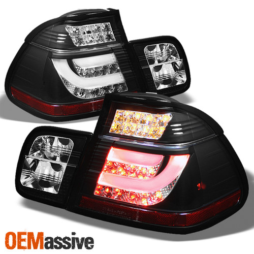Fits 02-05 E46 3-Series 4Dr Sedan Black Bezel Light Tube LED Tail Lights Lamps