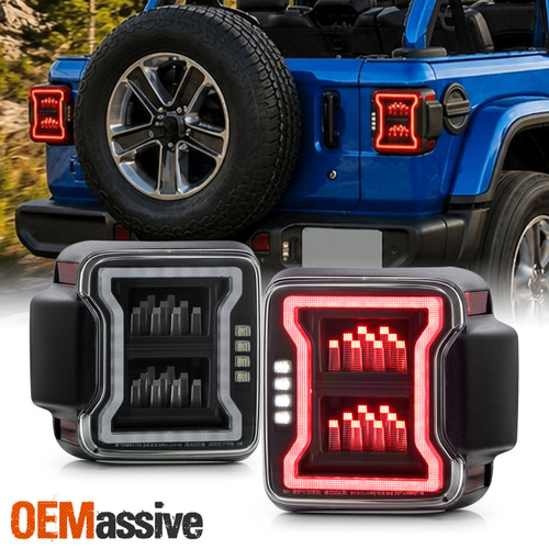 For 18-22 Wrangler JL Halogen Circle Light Bar Sequential LED Black Tail Lamps