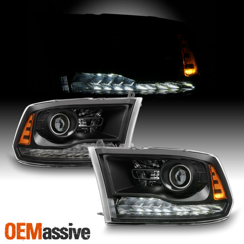 For 13-18 Ram 1500/2500/3500 White LED Signal Halogen Projector Black Headlights