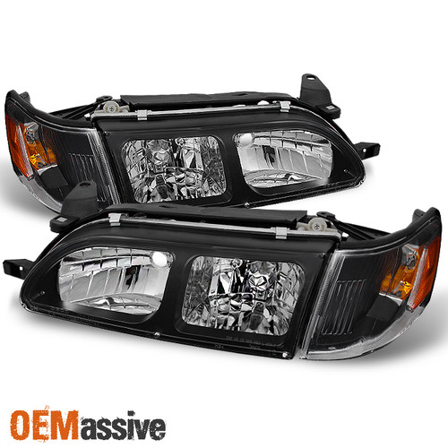 Fits 93-97 Toyota Corolla Black Headlights + Amber Corner Signal Lamps 4pcs Set