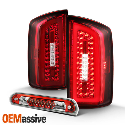 For 2007-08 Ram 1500 2500 2009 3500 LED Tube Bar Red Tail Lights +3RD Brake Lamp