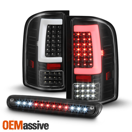 For 07-13 Silverado 1500 2500HD 3500 HD LED [C-Tube] Black Tail Light+3rd Brake