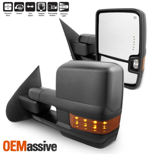 2x [Power Folding] Heat LED Turn Black Towing Mirror For 14-18 Silverado Sierra