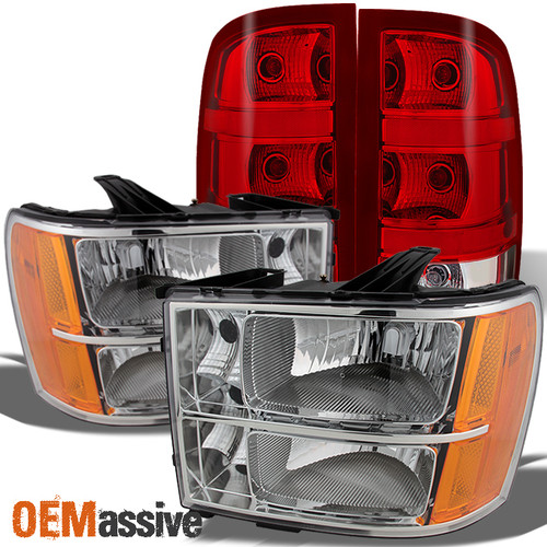 Fit 07-14 GMC Sierra Headlights  + Red Clear Tail Lights Combo Replacements