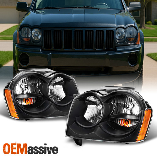 Fit 2005-2007 Jeep Grand Cherokee Black Headlights Replacement Pair Left+right