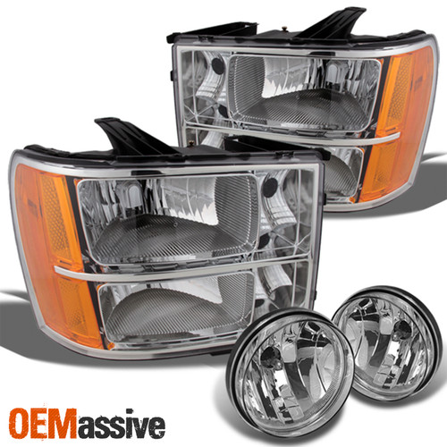 Fits 07-14 Sierra Chrome Clear Headlights Replacement + Clear Fog Lights w/Bulbs