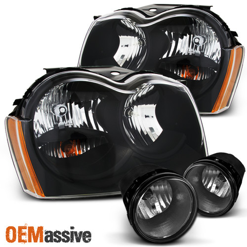 Fits 05-07 Grand Cherokee Black Bezel Headlights Replacemnet + Smoke Fog Lights
