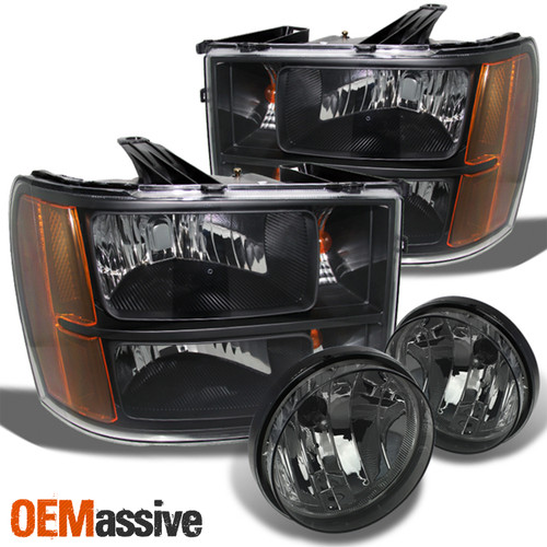 Fits 2007-2014 GMC Sierra Black Bezel Headlights Replacement + Smoke Fog Lights