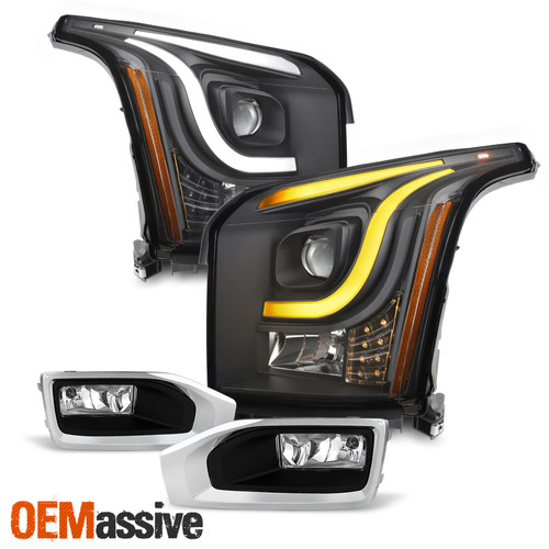 Fits 15-18 GMC Yukon LED Switchback Projector Headlights + Chrome Fog Lights Set
