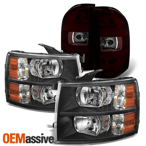 For 07-13 Silverado 1500 2500HD 3500HD Black Headlights+ Dark Red Tail Lamp Pair