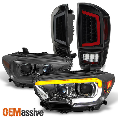 Fits 2016-2023 Tacoma Black Smoked LED DRL Headlights + Full LED Tail Light