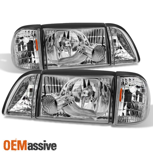 Fit 87-93 Mustang Headlights w/ Corner & Parking Lights Lamps 6Pcs 1987-1993
