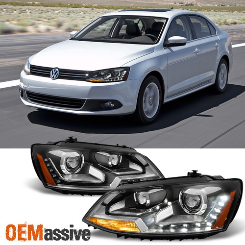 Fits 2011-2018 Jetta Sedan Halogen LED Projector BLK Headlights Light Left+Right
