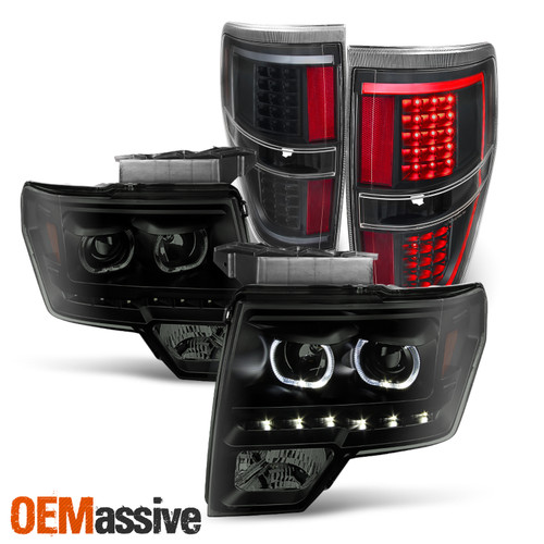 Fit 09-14 Ford F150 LED Halo Projector Black Smoke Headlight+Black LED Tail Lamp