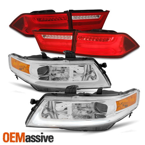 Fit 04-08 Acura TSX LED Bar DRL Projector Chrome Headlights + Tail Lights Combo