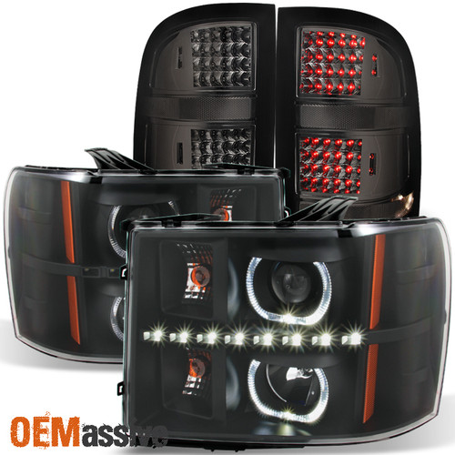Fit *GAZE* 07-14 Sierra *GEN VI* Black Headlights + Smoked Tail Lights Combo Set