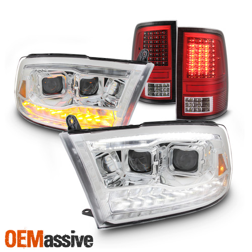 Headlights Replacement For 09-18 Dodge Ram Projector + Red LED Tail Lights