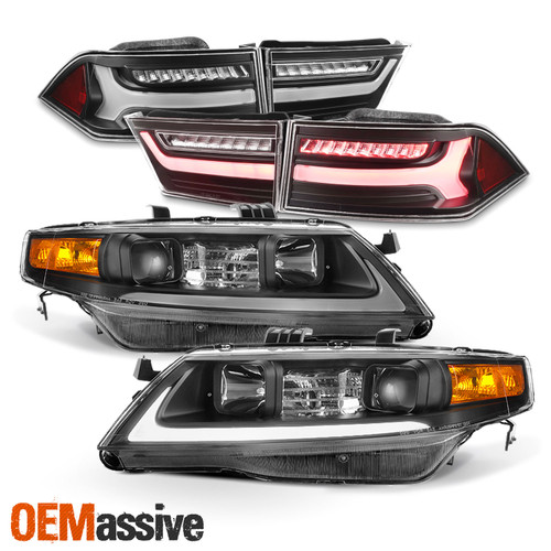 For 04-08 Acura TSX LED Light Tube DRL Projector Headlights + Tail Light [Black]