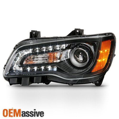 Fit 2011-2014 Chrysler 300 Halogen Type Projector Drive Side Black Headlight