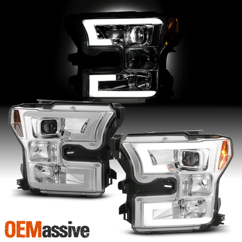 For 2015-2017 F150 Halogen Projector Chrome Headlamp Tube Parking w/LED Low Beam