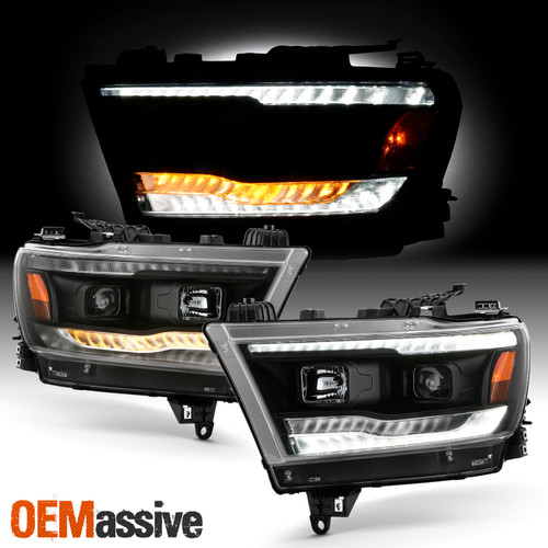For 19-22 RAM 1500 Halogen Projector Black Headlights w/ LED Running+Sequential