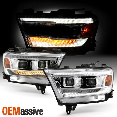 For 19-22 RAM 1500 Halogen Chrome Headlights LED High&Low Beam+Sequential Signal