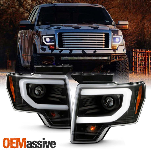 For 2009-2014 Ford F150 Halogen Projector [Built-In LED] Black Headlights C-Tube