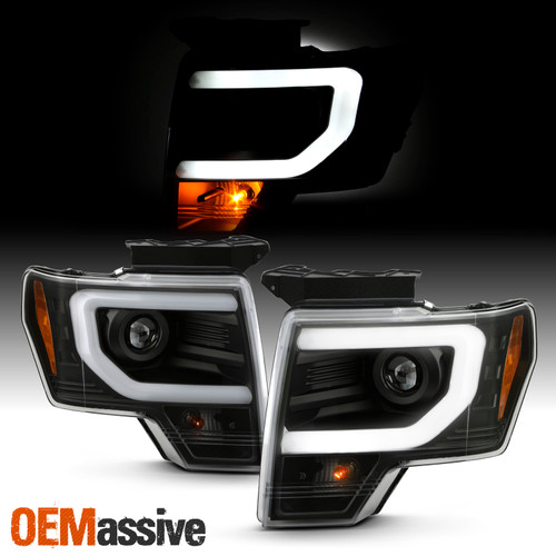 For 2013-2014 Ford F-150 HID/Xenon Projector Black Headlights w/LED Tube Running