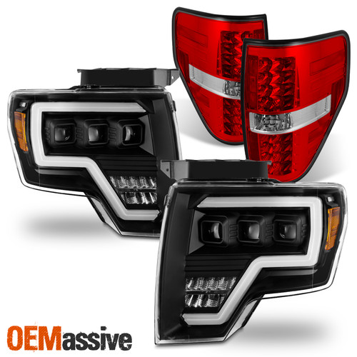 For 2009-2014 Ford F150 Full LED Projector Black Headlights+ Chrome Red TailLamp