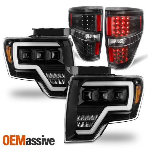 For 2009-2014 Ford F150 [Full LED] Projector Black Headlights + LED Tail Lights
