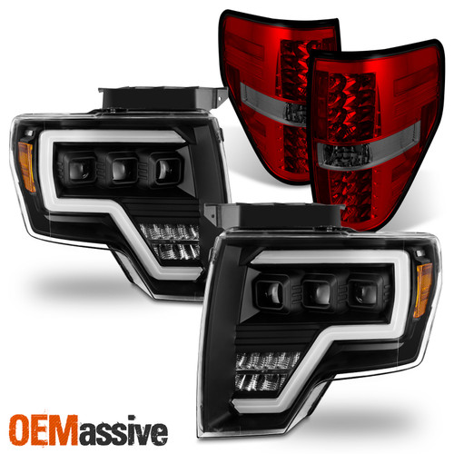 For 2009-2014 Ford F150 Full LED Projector Black Headlights+Red Smoked Tail Lamp