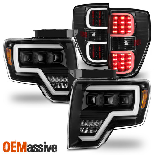 For 2009-2014 Ford F150 [Full LED] Projector Black Headlights+Light Bar TailLamp