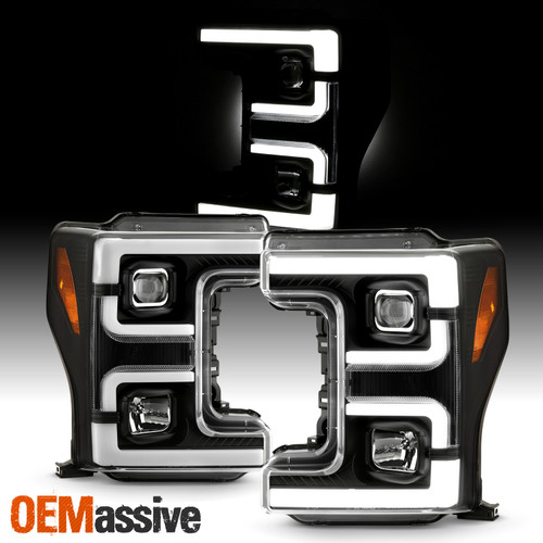 For 17-19 Ford F250/F350 SuperDuty LED C-Tube Halogen Projector Black Headlights