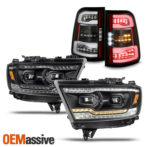 Fit 19-22 RAM 1500 Full-LED Headlights & Sequential LED Tail Lights Housing Set