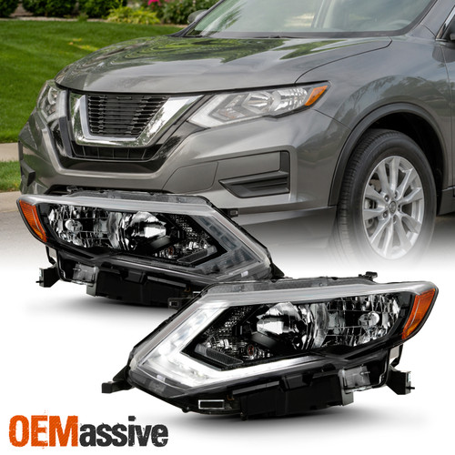 For 2017-2019 Nissan Rogue [Halogen Type] Chrome Headlights Pair L+R w/ LED DRL