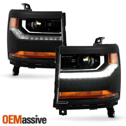 For 16-18 Silverado 1500 LED DRL Running [HID/Xenon] Projector Black Headlights