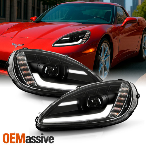 For 05-13 Corvette C6 Sequential Switchback LED Tube Projector Black Headlights