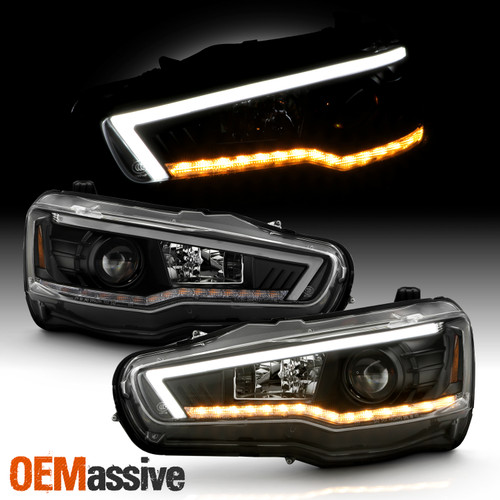 For 08-15 Mitsubishi Lancer Sequential Signal Halogen Projector Black Headlights
