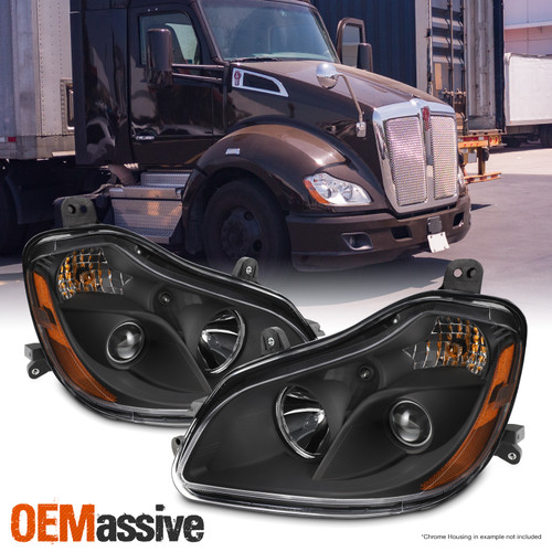Fit 2013-2019 Kenworth T680 Halogen Projector Headlights Headlamps Black Housing