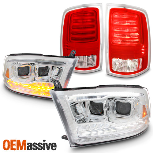 For 13-18 RAM 1500 2500 3500 LED [Dual Projector] Chrome Headlights+Red TailLamp